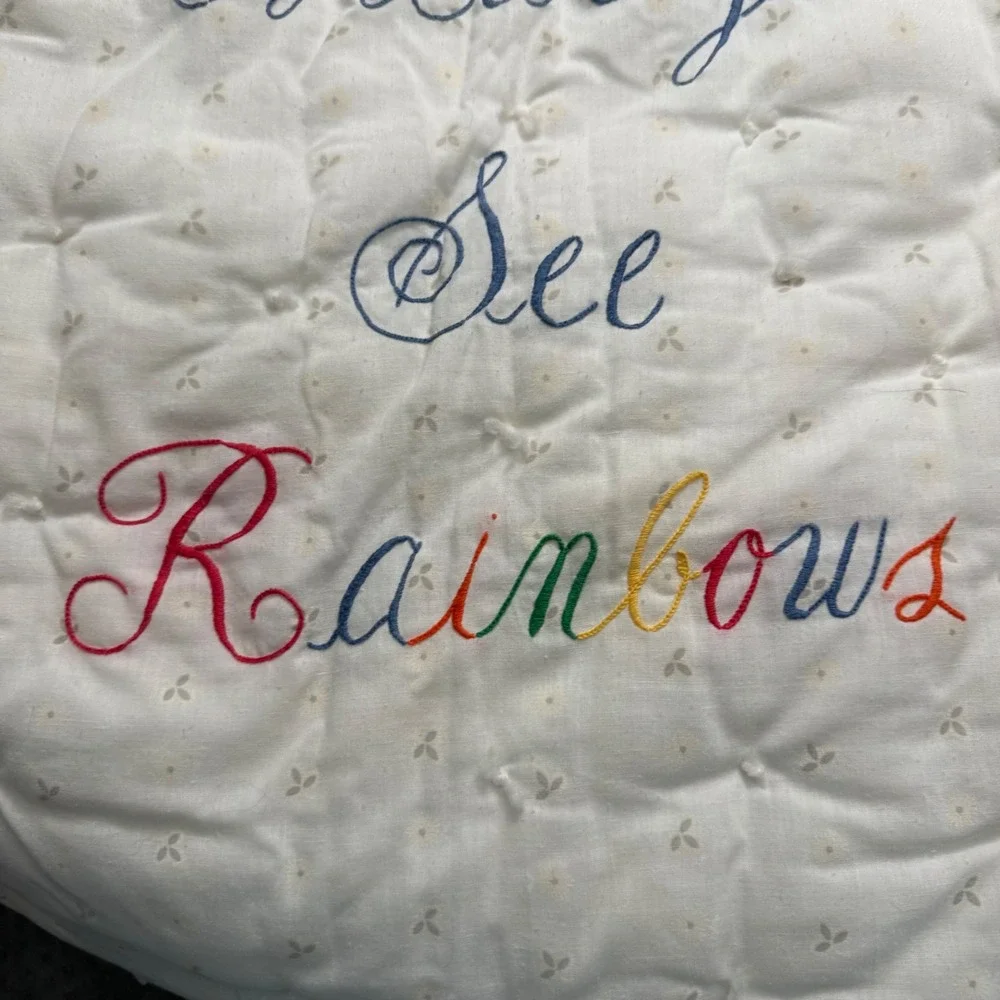 Vintage Rainbow & Clouds Ruffled Baby Quilt & Pillow Case Embroidered Nursery